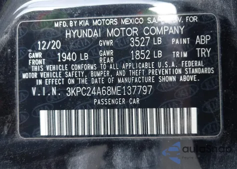 2021 Hyundai Accent Se from USA, damaged, VIN 3KPC24A68ME137797